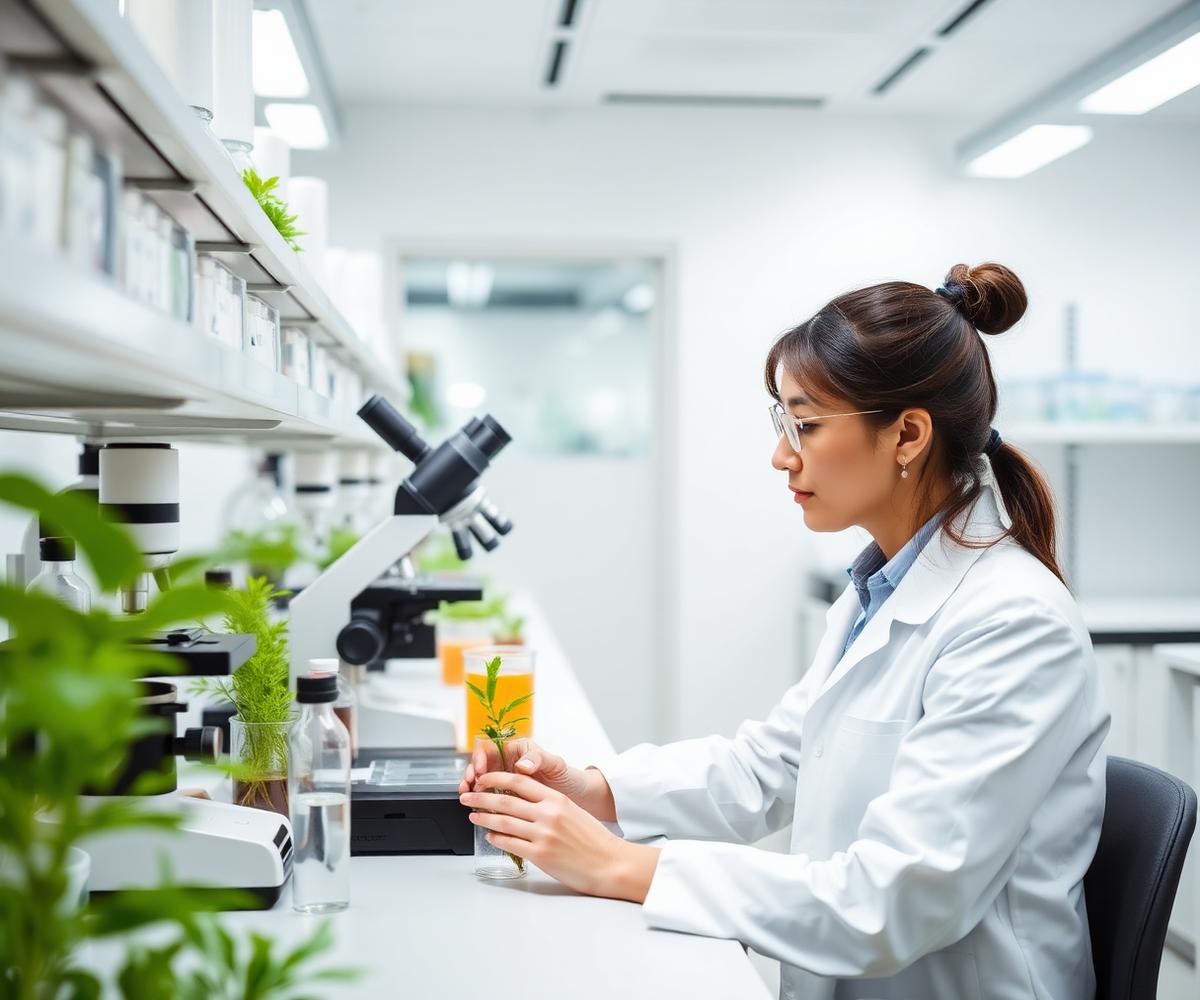 Wega Chemicals quality lab with scientist examining plant samples